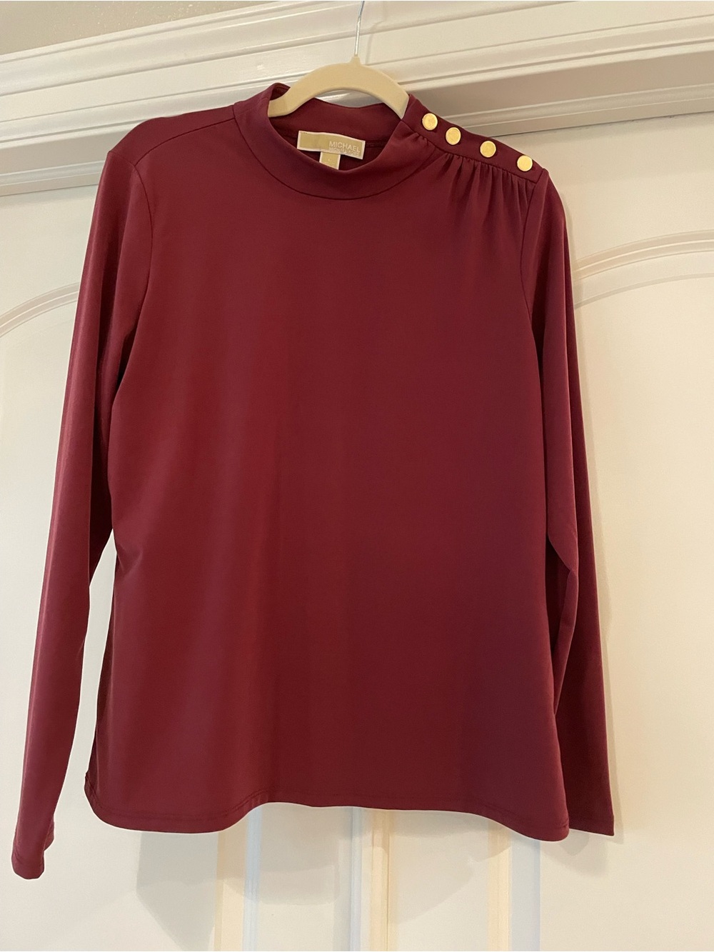 Michael Kors Burgundy Long-Sleeve Top with Gold Shoulder Buttons